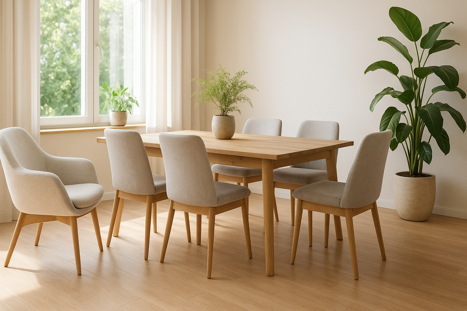 Nowoczesne krzesła i fotel w jasnej jadalni przy drewnianym stole