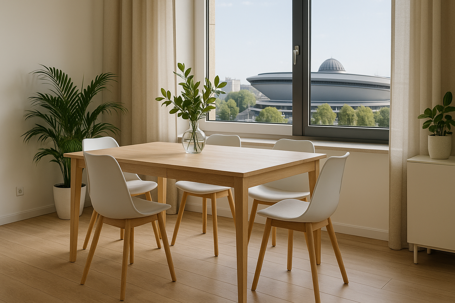 Jasna jadalnia z rozkładanym stołem drewnianym w Katowicach