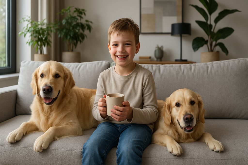 Narożnik łatwoczyszczący w salonie z dzieckiem i psem